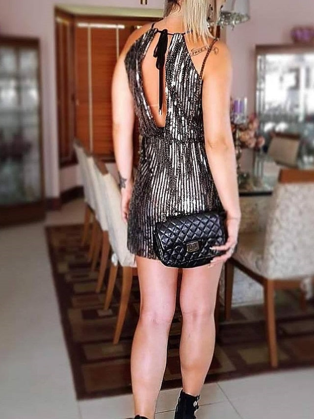 Women's Party Dress Sequin Dress Black Dress Mini Dress Black Sleeveless Pure Color Sequins Summer Spring Fall Halter Party Birthday Vacation Summer Dress