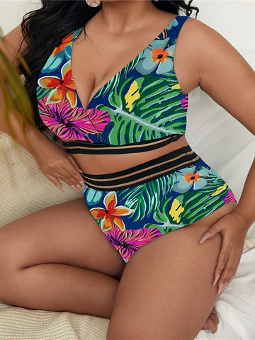 Women's Swimwear Bikini 2 Piece Plus Size Swimsuit Open Back Printing High Waisted Floral Green Blue Purple Red Tank Top V Wire Bathing Suits Sexy Vacation Fashion / Modern / New / Padded Bras
