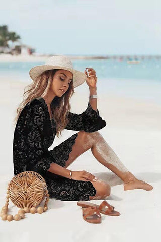 Women's Summer Beach Wear Beach Cover Up Perspective Sexy Lace Long-Sleeved V-Neck Top