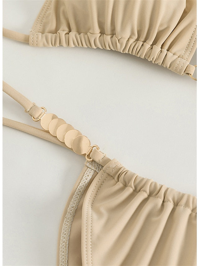 Women's Swimwear Bikini 2 Piece Normal Swimsuit Backless 2 Piece string Pure Color Beige Halter V Wire Bathing Suits New Vacation Fashion