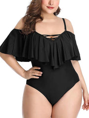 Women's Swimwear One Piece Monokini Bathing Suits Plus Size Swimsuit Tummy Control Ruffle Open Back High Waisted for Big Busts Pure Color Black Blue Yellow Wine Red Strap Bathing Suits New Vacation