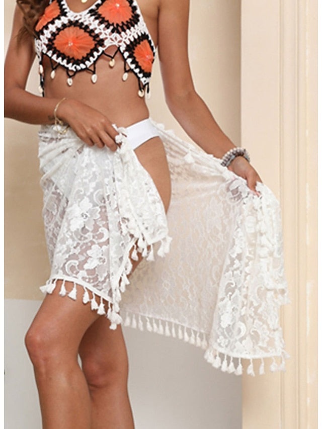 Women's Swimwear Cover Up Beach Towel Sarong wrap Normal Swimsuit Tassel Lace Pure Color White Bathing Suits New Stylish Vacation, Sexy