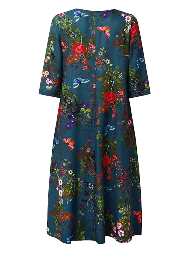 Women's Casual Dress Ethnic Dress Midi Dress Green Half Sleeve Floral Ruched Summer Spring Fall V Neck Mature