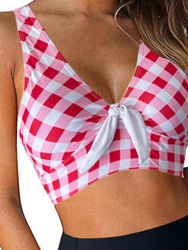 Women's Swimwear Bikini 2 Piece Normal Swimsuit Open Back Printing High Waisted Plaid Pink Tank Top V Wire Bathing Suits Sexy Vacation Fashion