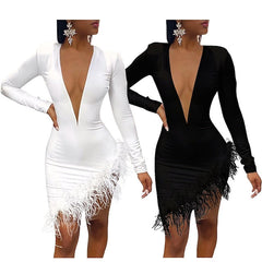 Women's Party Dress Feather Dress Cocktail Dress Mini Dress Black White Yellow Long Sleeve Pure Color Mesh Spring Fall Winter V Neck Hot Party Winter Dress Birthday Slim