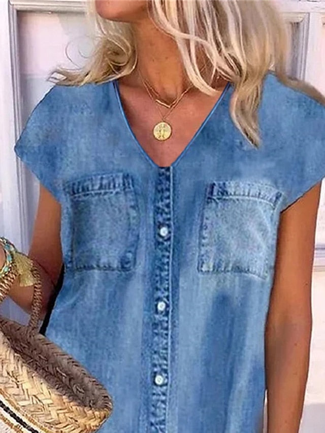 Women's Denim Mini Dress - V-Neck, Short Sleeve with Pockets for Summer