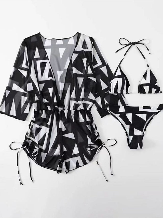 Women's Swimwear Bikini Normal Swimsuit 3-Piece Printing Leaf Geometic Black Orange Green Bathing Suits Sports Beach Wear Summer