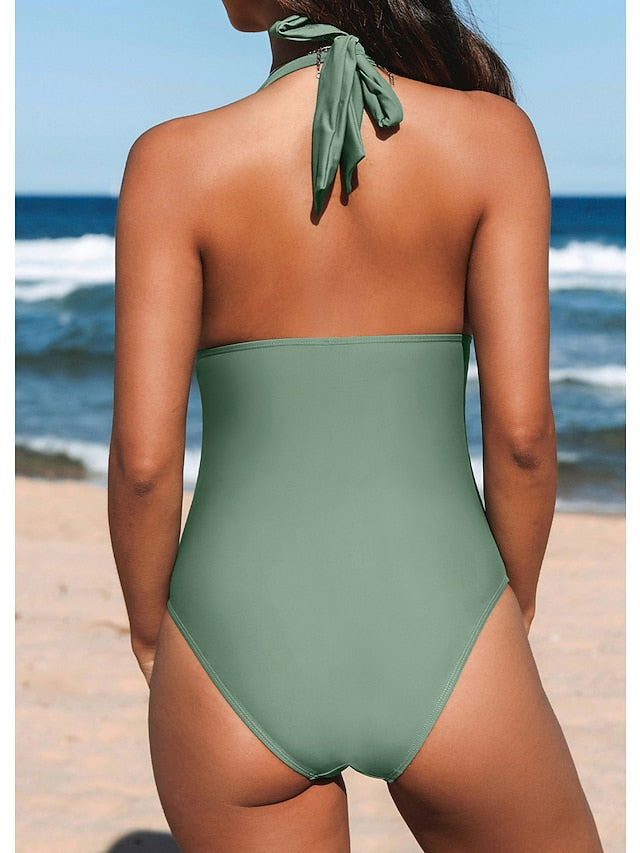 Women's Swimwear One Piece Normal Swimsuit Quick Dry Plain Black Light Green Sky Blue Green Bodysuit Bathing Suits Sports Beach Wear Summer