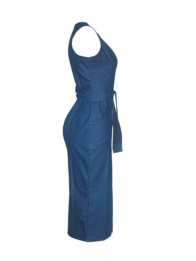 Sleeveless Women's Denim Maxi Dress - Lace-Up Bodycon for Casual & Vacation