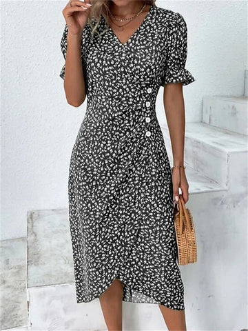 Women's Casual Dress Wrap Dress Floral Dress Floral Button Print V Neck Midi Dress Fashion Classic Daily Holiday Short Sleeve Regular Fit Black Yellow Pink Summer Spring