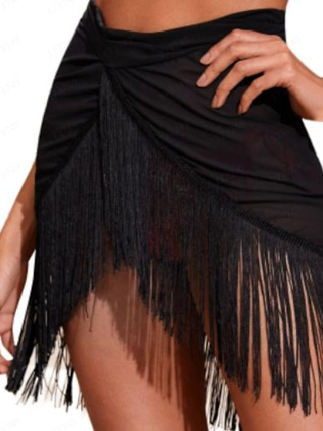 Women's Skirt Asymmetrical Polyester Black Skirts Tassel Fringe Sexy Vacation Beach
