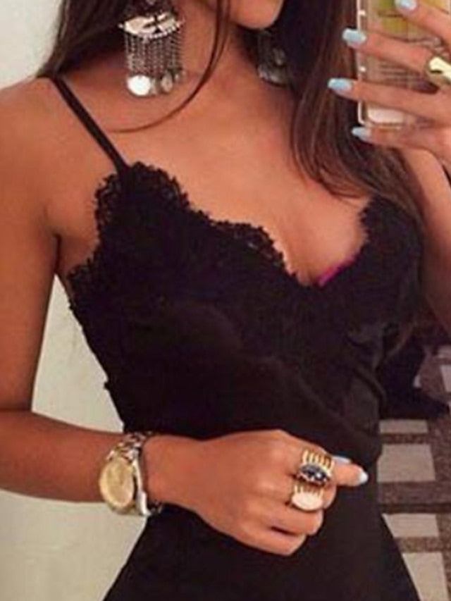 Women's Holiday Dress Black Dress Mini Dress Black Sleeveless Pure Color Lace Spring Summer V Neck Boom Sale Dress S M L