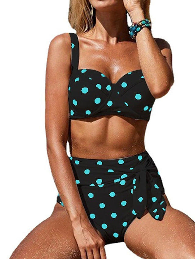Women's Swimwear Bikini 2 Piece Normal Swimsuit Backless Printing High Waisted Polka Dot Black White Dark Green Green Strap Bathing Suits New Vacation Cute