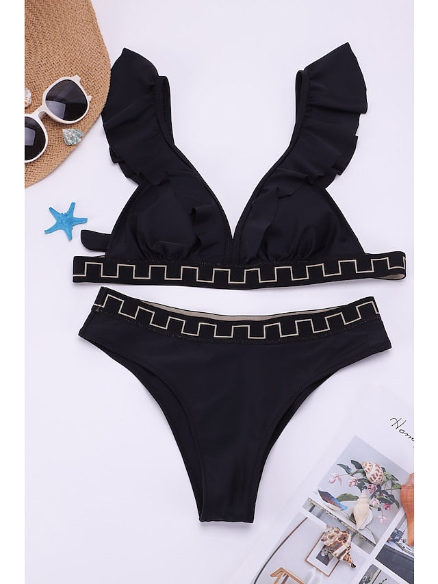 Women's Swimwear Bikini Tankini Normal Swimsuit Tie Knot Ruffle Bow Solid Color Geometric Black Camisole Padded Blouse Plunge Bathing Suits New Party Elegant / Sexy / Padded Bras