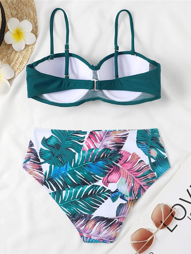 Women's Swimwear Bikini 2 Piece Normal Swimsuit Open Back Printing Floral Leaves Green Black Blue Yellow Royal Blue Strap Bathing Suits Sexy Vacation Fashion / Modern / New / Padded Bras