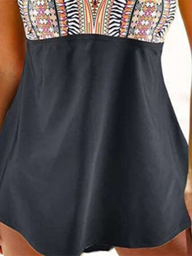 Women's Swimwear Tankini 2 Piece Normal Swimsuit 2 Piece Open Back Printing Geometic Dark Gray Padded Scoop Neck Bathing Suits New Casual Vacation / Sexy / Modern / Strap / Padded Bras / Strap