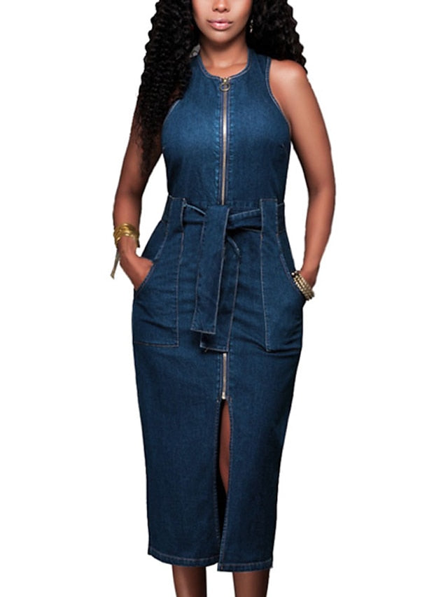 Sleeveless Women's Denim Maxi Dress - Lace-Up Bodycon for Casual & Vacation