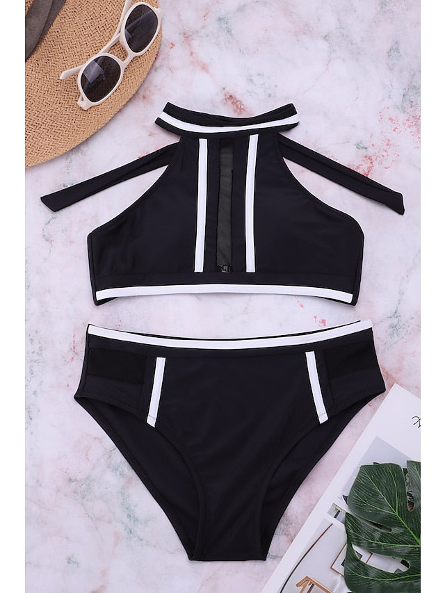 Women's Swimwear Bikini Tankini Normal Swimsuit Tie Knot Mesh Bow Cross Solid Color Stripe Black Padded Blouse Strap Bathing Suits New Party Neutral / Sexy / Padded Bras