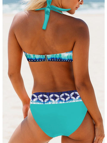 Women's Swimwear Bikini 2 Piece Plus Size Swimsuit Backless 2 Piece Printing Bowknot White Blue Halter V Wire Bathing Suits New Stylish Vacation / Sexy / Padded Bras