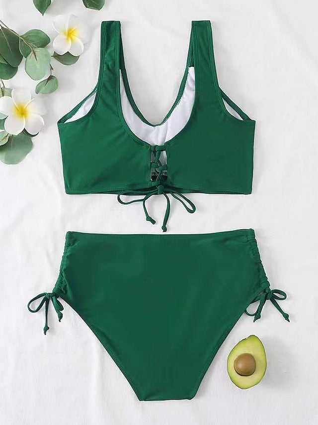 Women's Swimwear Bikini 2 Piece Normal Swimsuit Open Back High Waisted Pure Color Green Black Fuchsia Red Tank Top V Wire Bathing Suits Sexy Vacation Fashion / Modern / New