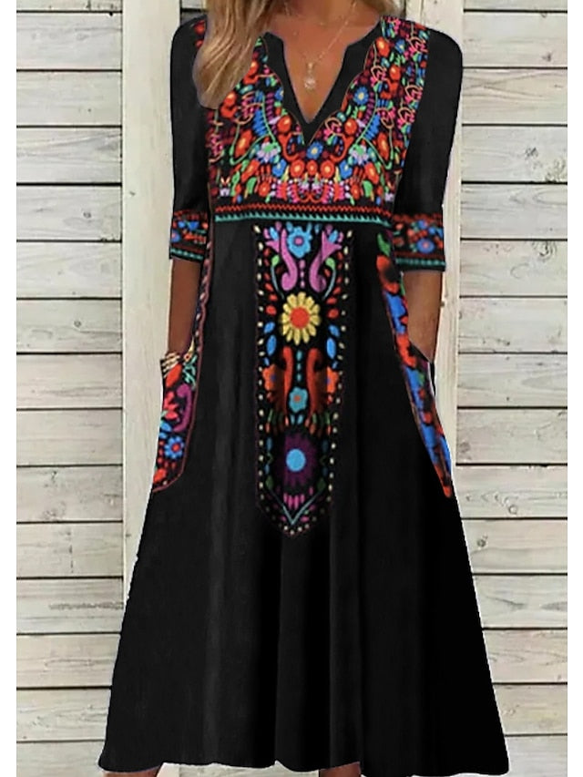 Women's Casual Dress Ethnic Dress Shift Dress Midi Dress Black Half Sleeve Floral Pocket Fall Spring Summer V Neck