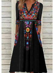 Women's Casual Dress Ethnic Dress Shift Dress Midi Dress Black Half Sleeve Floral Pocket Fall Spring Summer V Neck