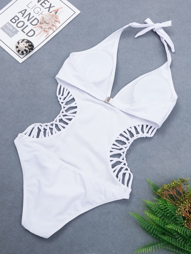 Women's Swimwear One Piece Monokini Bathing Suits Normal Swimsuit Backless Solid Color White Black Halter Bathing Suits Sexy Party Active / Sports / New / Padded Bras