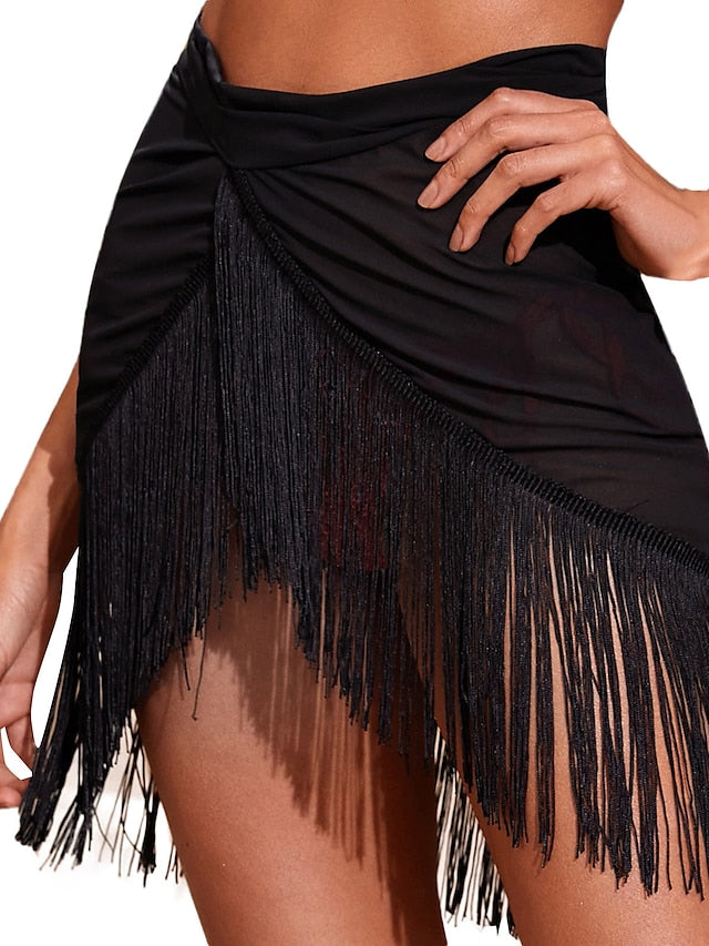 Women's Swimwear Cover Up Beach Bottom Normal Swimsuit Tassel Mesh Pure Color Black Bathing Suits New Stylish Vacation