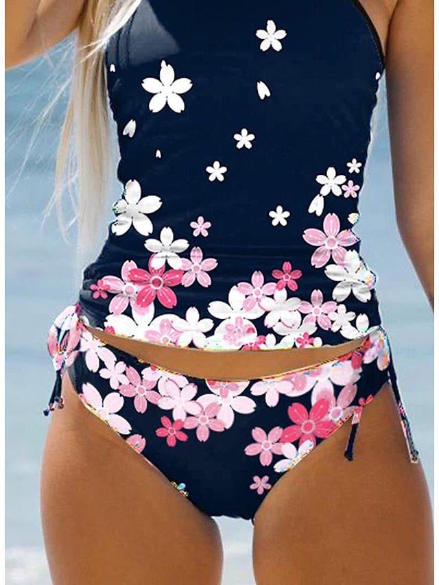 Women's Swimwear Tankini Bathing Suits 2 Piece Normal Swimsuit Halter 2 Piece Modest Swimwear Floral Print Navy Blue Padded Bathing Suits Sports Vacation Beach Wear