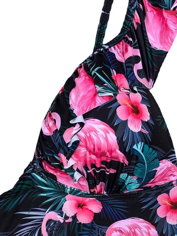 Women's Swimwear One Piece Monokini Bathing Suits Normal Swimsuit Backless Tummy Control High Waisted Print Flamingo Leaf Fuchsia V Wire Bathing Suits New Casual Vacation / Sexy / Modern / Animal