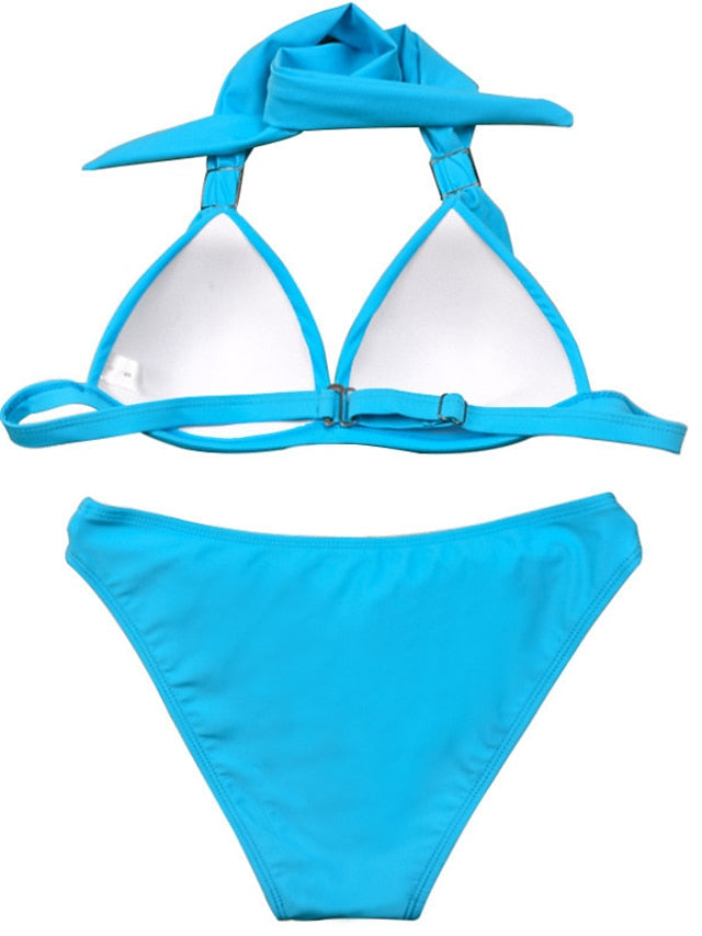 Women's Swimwear Bikini 2 Piece Normal Swimsuit Halter 2 Piece Open Back Sexy Pure Color Black Royal Blue Blue Sky Blue Halter V Wire Bathing Suits Sexy Vacation Fashion
