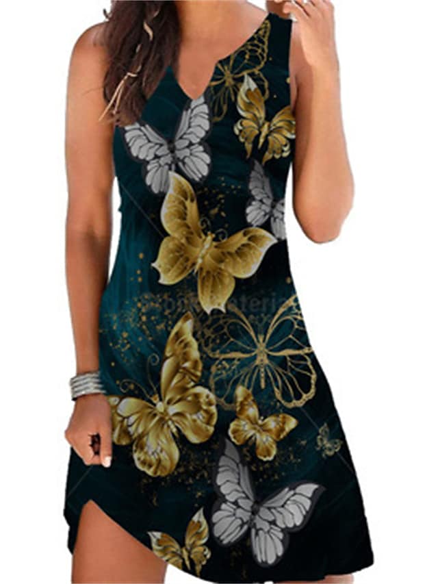 Women's Casual Dress Tank Dress Summer Dress Floral Butterfly Print V Neck Mini Dress Active Fashion Outdoor Daily Sleeveless Regular Fit White Yellow Spring Summer