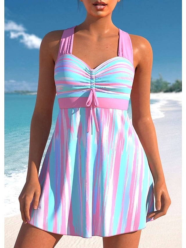 Women's Swimwear Swimdresses Normal Swimsuit 2 Piece Printing Striped Pink Bathing Suits Sports Beach Wear Summer