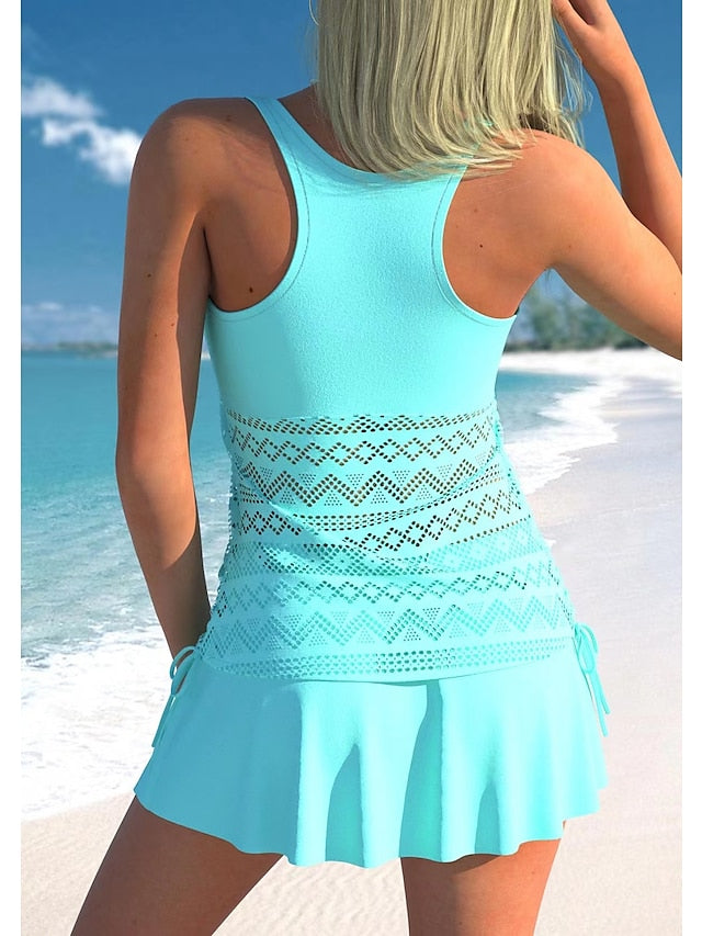 Women's Swimwear Tankini Monokini 2 Piece Normal Swimsuit 2 Piece Cut Out Plain Sky Blue High Neck Bathing Suits Sports Beach Wear Summer