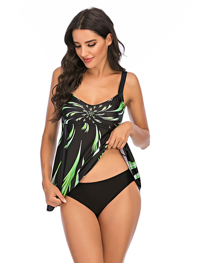 Women's Swimwear Tankini 2 Piece Plus Size Swimsuit High Waist Slim for Big Busts Stripes / Ripples Green Purple Rainbow Padded Strap Bathing Suits Sexy Sexy Modern / New / Padded Bras