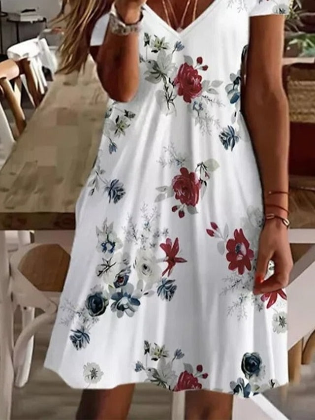 Women‘s Casual Dress Floral Dress Midi Dress White Short Sleeve Floral Print Spring Summer V Neck Basic Daily Weekend Summer Dress Print Dresses