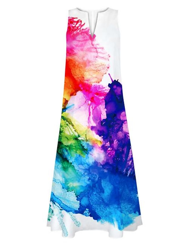 Women's Casual Dress Shift Dress Swing Dress Long Dress Maxi Dress White Black Rainbow Sleeveless Flower Pocket Spring Summer V Neck Fashion Daily Vacation