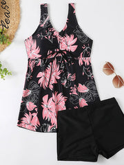 Women's Swimwear Tankini 2 Piece Normal Swimsuit 2 Piece Open Back Printing Floral Leaf Green Black Purple Yellow Rosy Pink Padded V Wire Bathing Suits New Stylish Casual / Vacation / Spa