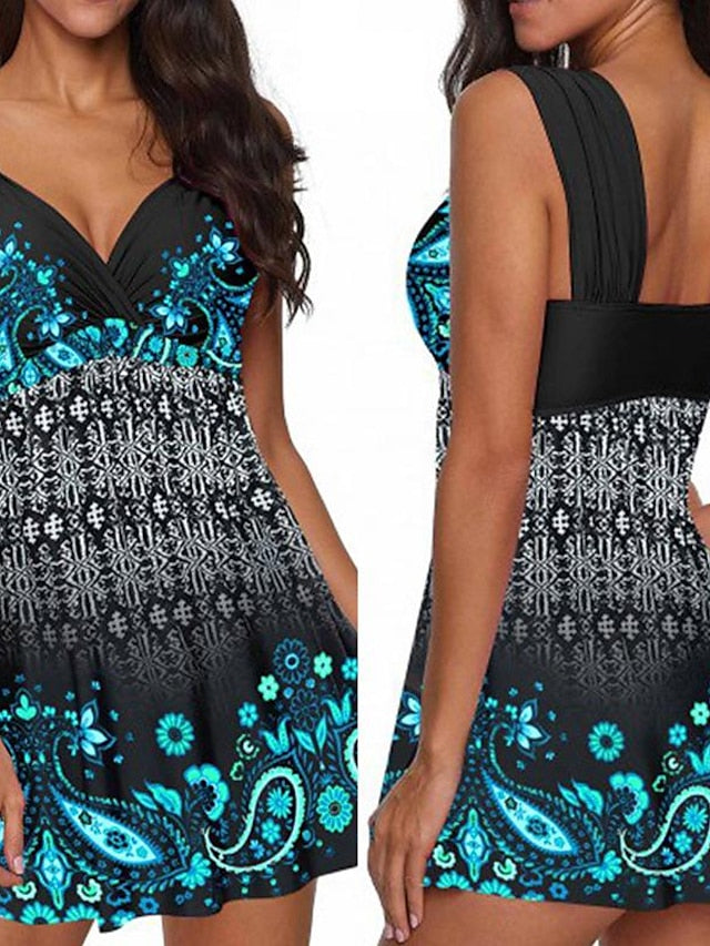 Women's Swimwear Swim Dress Normal Swimsuit 2 Piece Printing Floral Black Bathing Suits Sports Summer