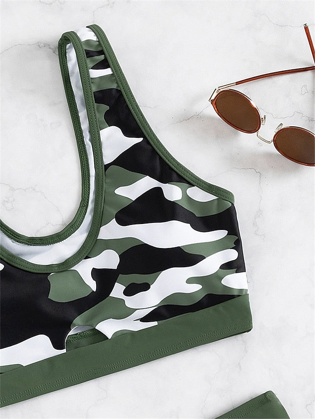 Women's Swimwear Bikini 2 Piece Normal Swimsuit Open Back Printing Camo Camouflage Army Green Tank Top Scoop Neck Bathing Suits Sexy Vacation Fashion / Modern / New