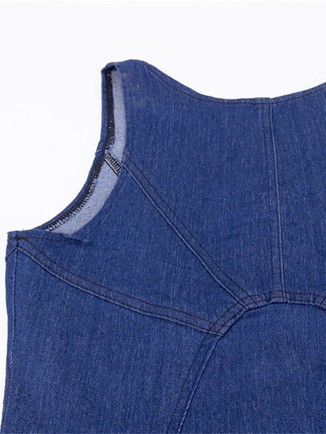 Women's Midi Denim Dress - Sleeveless U-Neck with Zipper for Summer & Spring