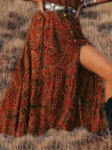 Women's Swing Dress Boho Dress Long Dress Maxi Dress Tribal Ethnic Blue Red Brown Short Sleeve Floral Button Split Print Spring Summer V Neck Casual Belt Not Included Loose Fit