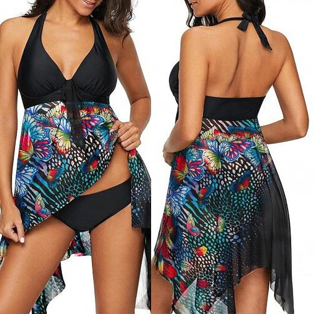 Women's Swimwear Swimdresses Normal Swimsuit 2 Piece Printing Butterfly Black Bathing Suits Sports Beach Wear Summer