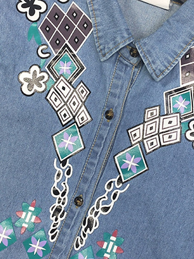 Women's Blue Denim Midi Dress - Casual Short Sleeve with Floral Embroidery