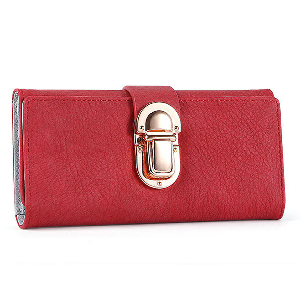 Women PU Leather Hardware Hasp Fold Over Card Holder Purse Wallet