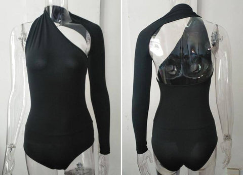 Sexy One Shoulder Bodycon Bodysuit Asymmétrique Hollow Out Long Sleeve Playsuit Backless Button Rompers Womens Jumpsuit