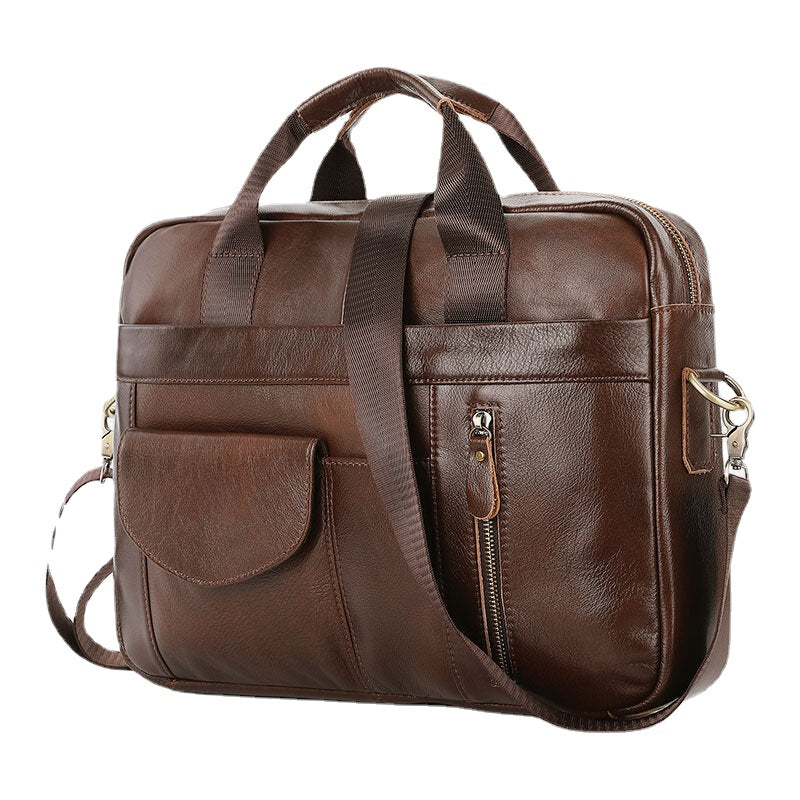 Men's Vintage Leather Laptop Bag 14" Multi-pocket Briefcase Crossbody Shoulder Handbag