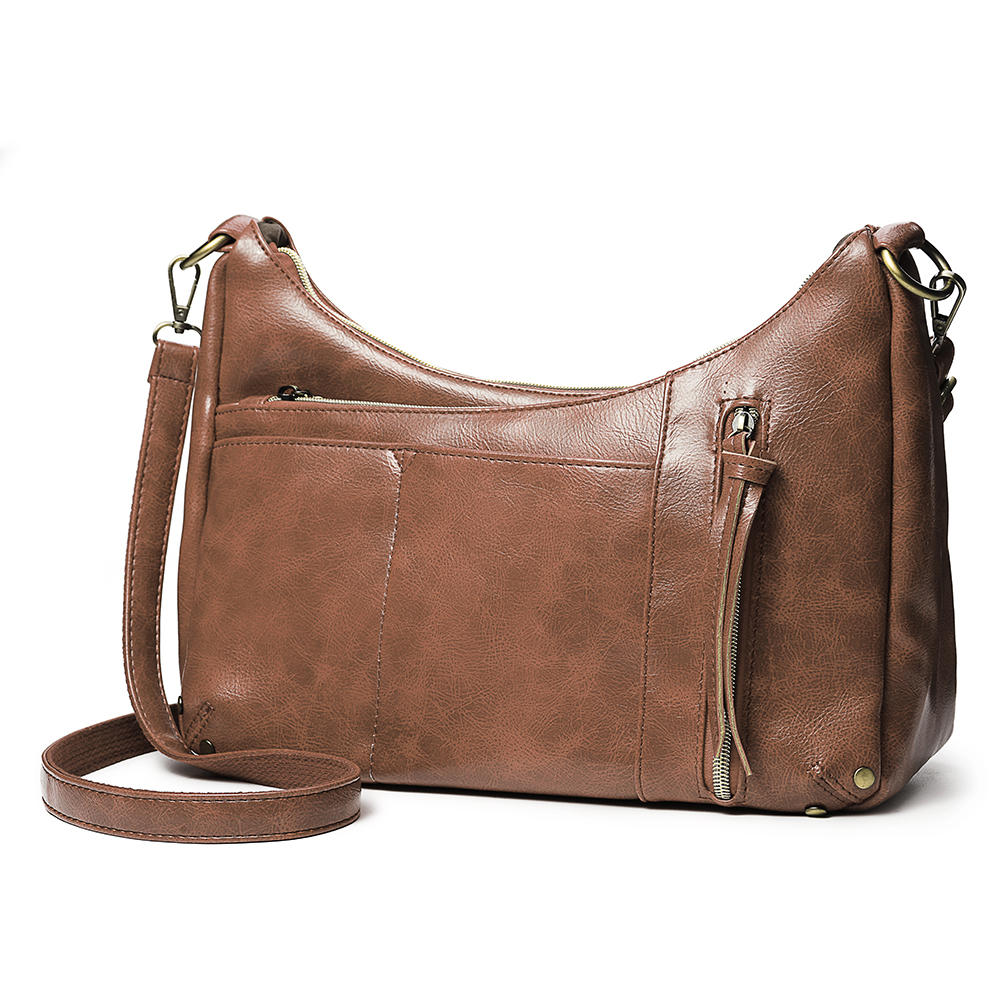 Women Multi-pockets Solid Wax Oil Skin Faux Leather Shoulder Bag Crossbody