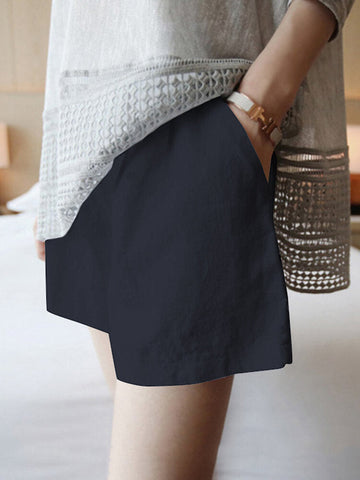 Solid Pocket Ruched Cotton Casual Shorts