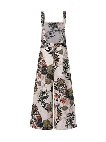 Women Sleeveless Floral Print Button Loose Cotton Vintage Jumpsuits With Side Pocket
